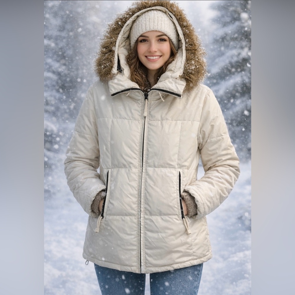 Vintage Roots Cream Puffer Jacket with Faux Fur Trim Down Filled